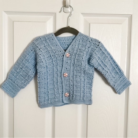 Crocheted Baby Sweater With Base Ball Buttons | 6-12 Months - Picture 1 of 3